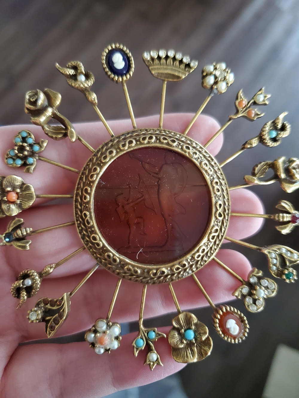 Goldette Victorian Revival Charm Spray Pin Brooch W/intaglio Crystal Medallion